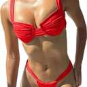Women Sexy Underwire 2 Piece Bikini Sets Lace Up Swimsuit Ruched Cross Back Brazilian High Cut Thong Bathing Suit (Large, Red Thong Bikini Set)