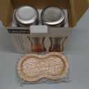 LessMo Salt and Pepper Grinder Set with Wooden Standing Tray, Refillable Pepper Mill Set - Brushed Stainless Steel - Short Glass Shakers with Adjustable Coarseness for Peppercorn, Salt or Spice Mills