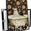 Halloween Canvas Wall Art Spooky Vintage Bathtub Scene with Black Cat Ghost Paper Cut Floral Wallpaper Poster Print for Living Room Bedroom Office Decoration (8x12in Black Framed, A01)