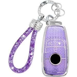 Generic Key Fob Cover for Mercedes Benz A B C E G S CLA CLS GLA GLB GLC GLE GLS Glass Accessories Car Key Protector with Rings with Diamond Keychain (Purple)