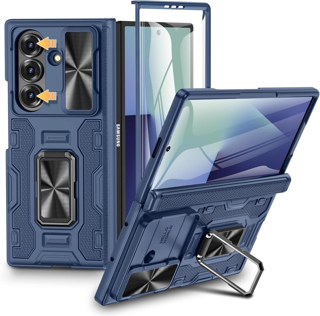 VEGO for Samsung Fold 7 Case with Hinge Protection & Slide Camera Cover [360Rotating Ring Stand][Screen Protector] Heavy Duty Shockproof Protective Hard Case for Samsung Z Fold 7 5G 2025 - Blue