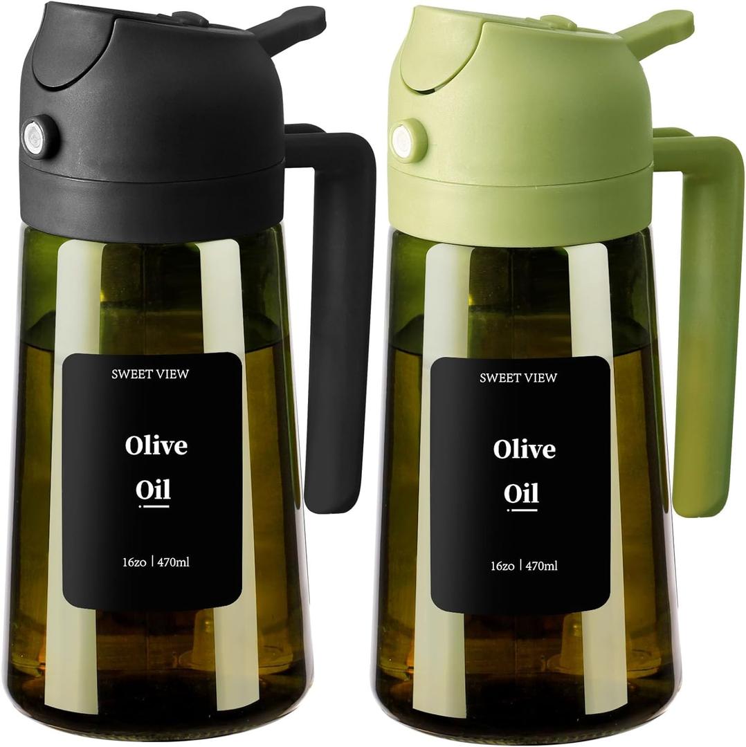 SWEET VIEW 2PCS Olive Oil Dispenser and Oil Sprayer 16oz/470ml Glass Light-Proof Oil Pourer for Kitchen Air Fryer, Cooking, Salad, and BBQ, with Stickers