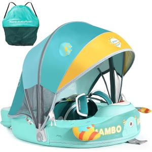 Mambobaby Float with Canopy & Portable Backpack Skin-friendly Baby Swim Float with Tail Waterproof Non-Inflatable Mambo Float Smart Swim Trainer Soft Solid Infant Pool Float 3-24 months Baby Swim Ring (Green Monster)