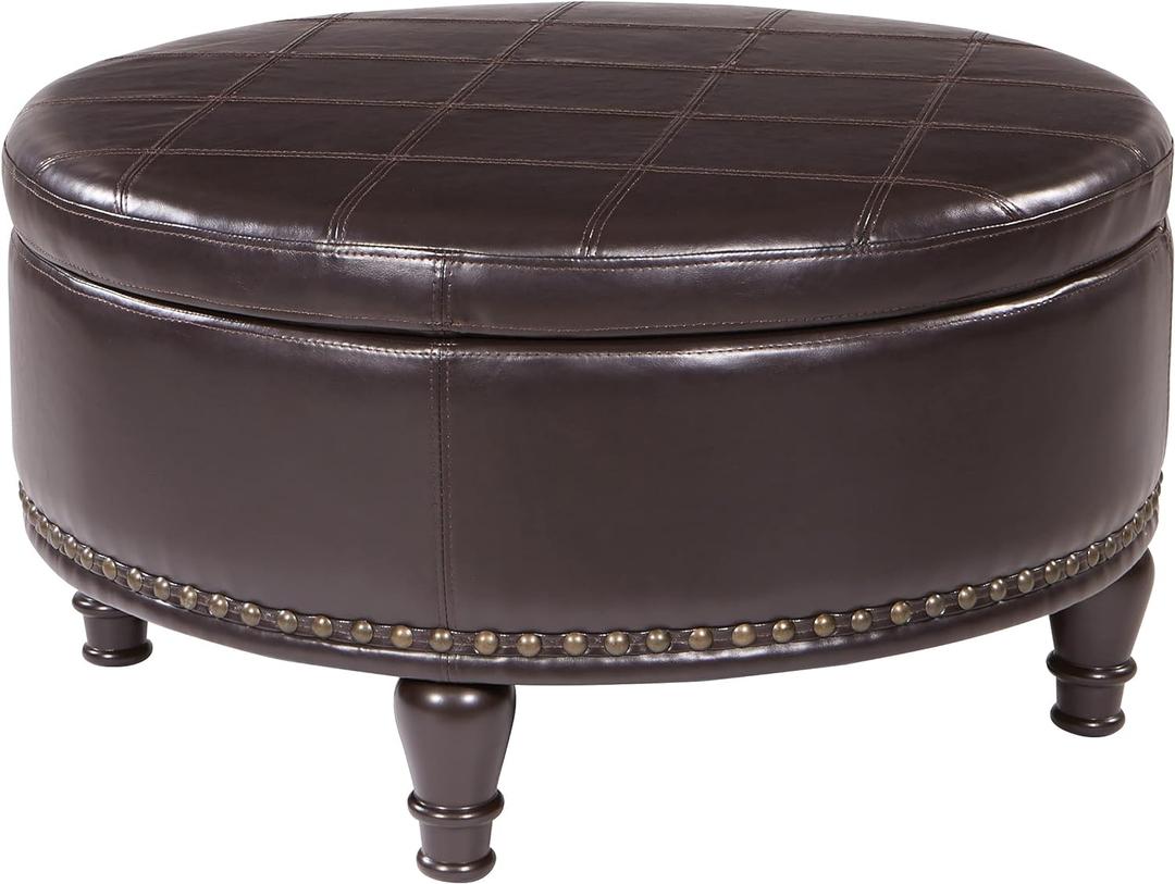 INSPIRED by Bassett OSP Home Furnishings Augusta Round Storage Ottoman with Decorative Nailheads and Flip Over Lid with Serving Tray Surface, Espresso Faux Leather