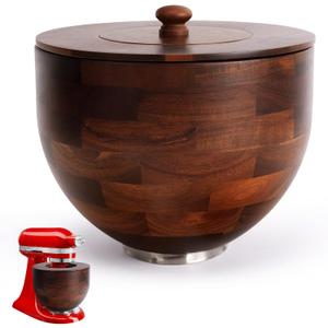 Wood Mixing Bowl Compatible with 4.5-5 Qt Tilt-Head Stand Mixers with Lid Cover - Natural True Acacia Wooden Bowls, 5 Quart Kitchen Aid Bowls for Mixer with Stainless Steel Locking Base.
