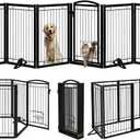Metal Free Standing Dog Gate with Cat Door for Indoor/Outdoor,120" Extra Wide Foldable Pet Gate,32" Tall Foldable Indoor Dog Fence for Large Openings Stairs,Deck,Yard,Doorways(6 Panels,Black)