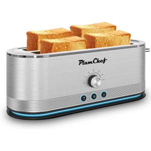 Plum chef 4-Slice Toaster with Light Strip, Extra Long Slot Toaster, 7 Browning Settings, Defrost/Reheat Functions, Removable Crumb Tray, Stainless Steel Housing, Anti-Jam & Self-Centering