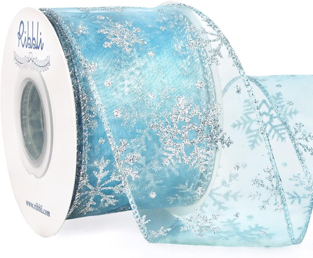 Ribbli Snowflake Glitter Wired Ribbon, Ice Blue Organza Sheer with Silver Glitter Snowflake Pattern and Silver Metallic Edge,2-1/2 Inch x 10Yards Christmas Ribbon for Tree Decoration