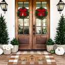 Dunzy 2 Pcs Christmas Gingerbread House Door Mat Combo Set 16.9 x 29.5 Coir Welcome Door Mat and 27.5 x 43.3 Brown and White Plaid Rug for Christmas Porch Decor Outdoor Farmhouse Entryway Foyer