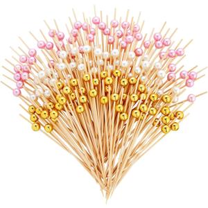 Okuna Outpost 150 Pack Bamboo Pearl Toothpicks for Food - Cocktail Picks for Fancy Appetizers and Party Decor - 4.7 Inch Decorative Food Picks - Toothpicks for Appetizers (White, Pink and Gold Pearl)