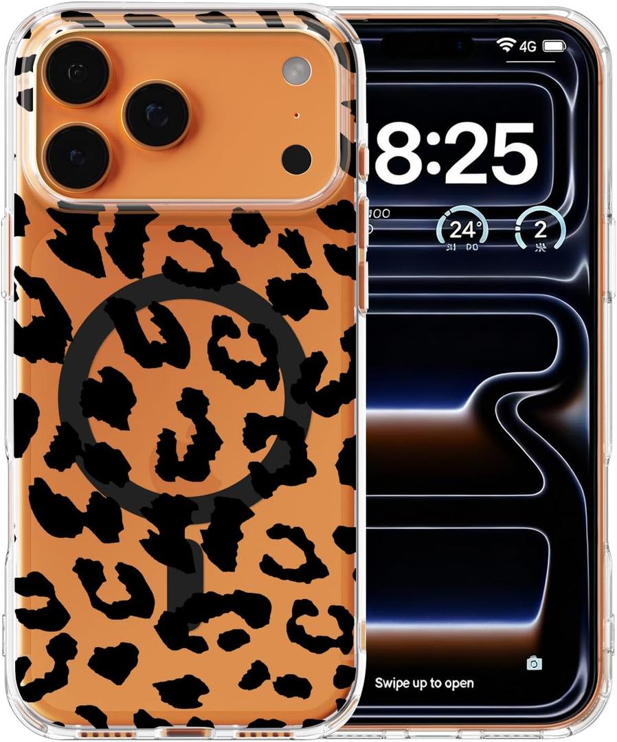 for iPhone 17 Pro Max Case [Compatible with MagSafe] Clear Cute Floral Design Magnetic Wireless Charging, Slim Shockproof for iPhone 17 Pro Max Case for Girls Women,Black Leopard