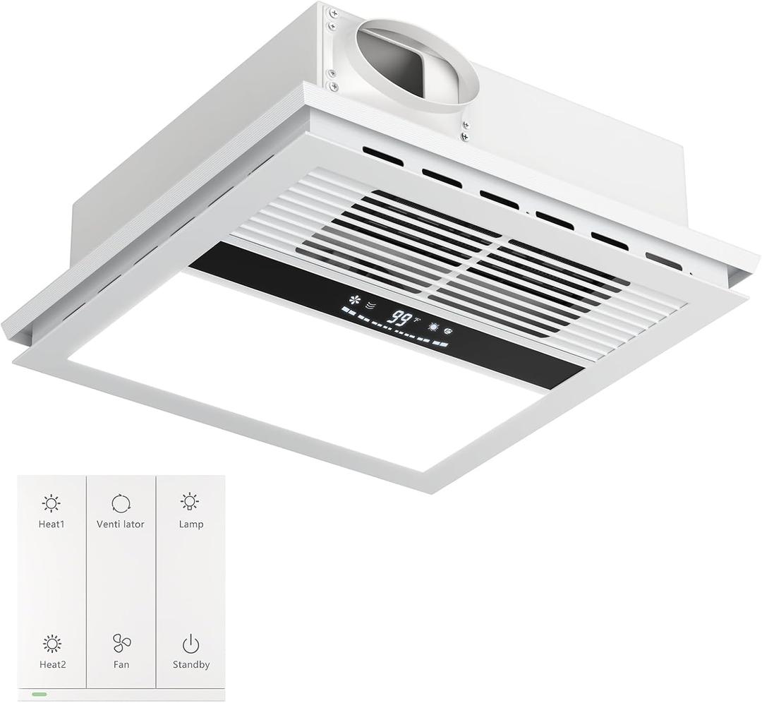 4-in-1 Bathroom Exhaust Fan with Heater, 1100W/2200W Dual Heating, 220 CFM Ventilation, 6000K 1800LM LED Light, Quiet Bath Fan with Light and Heat, Ceiling Mount, Plug-In or Hardwired, Medium