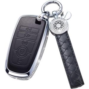 Compatible with Ford Key Fob Cover with Keychain, Black Genuine Leather Crystal Key Case Protection Shell for Ford Fusion F150 F250 F350 F450 F550 Edge Explorer Smart Remote Key