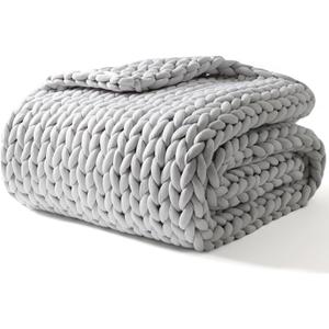 YnM Weighted Blanket, Handmade Chunky Yarn Knitted Design, Soft and Cozy, Temperature Regulating and Breathable, Machine Washable Throw for Sleep or Home Decor (Silver Grey, 50x60 Inch, 10lbs)