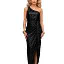Zeflows Womens One Shoulder Sequin Prom Maxi Dress Ruched Bodycon Sparkly Glitter Slit Party Evening Dress, Black-L (Black, L)
