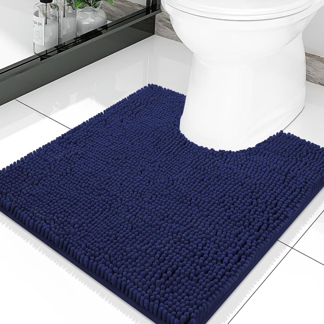 Smiry Luxury Chenille Toilet Rugs U-Shaped 20x20, Soft Absorbent Non-Slip Contour Bathroom Rugs for Toilet, Machine Washable Contoured Bath Mats, Navy Blue