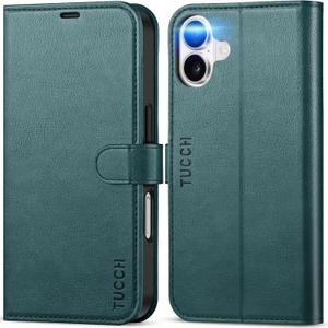 TUCCH Wallet Folio Case for iPhone 16, Compatible with iPhone 16 5G 2024, Teal Blue | Magnetic, PU Leather, Kickstand, Flip Cover, 4 Card Slot, Shockproof, TPU Interior Shell, RFID Blocking