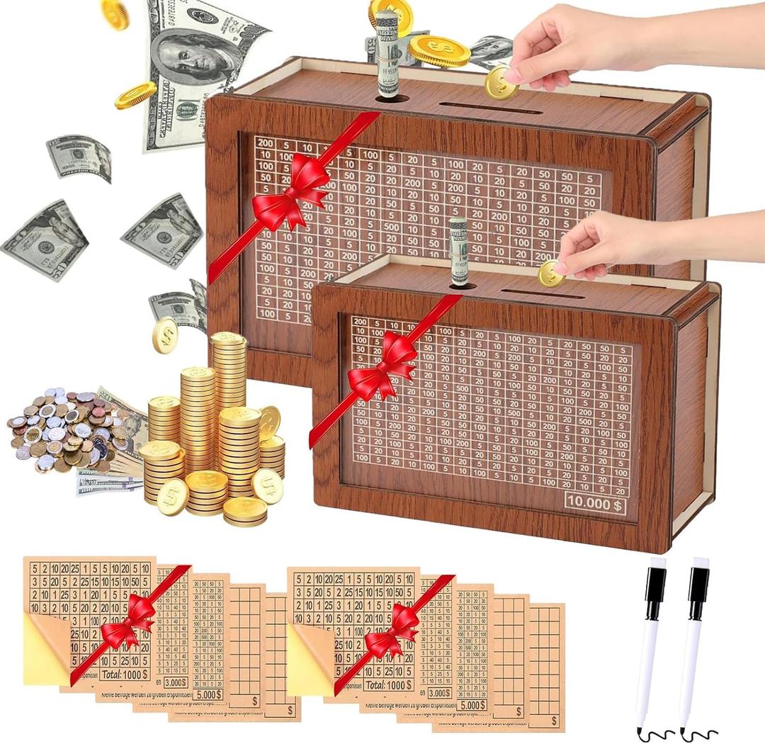 2Packs Money Saving Box Piggy Bank Wooden Coin Bank for Kids Adults boy Girl Reusable Cash Box Money Box Wooden Savings Box with 1k 3k 5k 10k Money Saving Target Best Gift for Friends($10000,Brown)