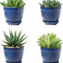 Sureasy Succulent Pots, 3.5 Inch Flower Pots for Indoor Plants, Small Plant Pots with Saucer & Drainage, Decorative Ceramic Planters for Succulent, Cactus, Set of 4, Blue