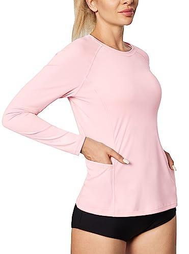 IUGA Rash Guard For Women UPF 50+ SPF UV Protection Long Sleeve Workout Tops With Pockets Dry Fit Hiking Swim Shirt - Color Pink, Medium
