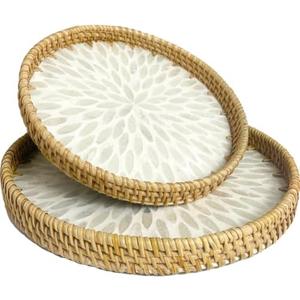 Round Rattan Tray with Mother of Pearl Inlay, Boho Coffee Table Tray Decor, Wicker Trays for Decor, Woven Tray, Round Basket Tray (WHITELEAF, 9.84 INCH and 11.8 INCH)