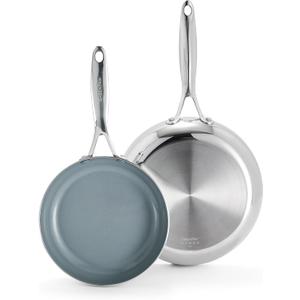 GreenPan Valencia Pro Tri-Ply Stainless Steel 8” & 10” Frying Pan Skillet Set, PFAS-Free Ceramic Nonstick Coating, Induction Ready Cookware, All Cooktops, Eggs & Omelets, Dishwasher & Oven Safe 600F