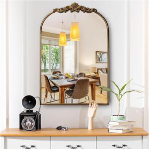 Ornate Baroque Vintage Gold Mirror - 19"X27" Arched Antique Brass Mirror with Full Metal Frame - Perfect for Entryway, Fireplace, Living Room, Hallway, or Bathroom Dcor