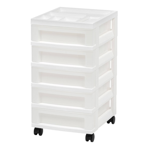 IRIS 5 Drawer Storage Cart with Organizer Top White/Pearl: Portable Plastic Utility Storage Drawers, Universal Use