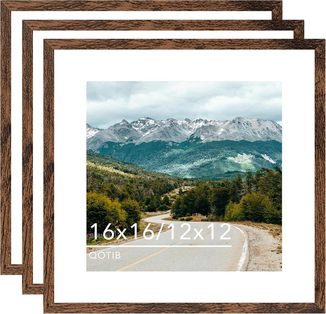 Wood 16x16 Picture Frame with 12x12 Mat Deep Brown, Display 12x12 with Mat or 16x16 without Mat, Wood 16 by 16 Photo Frame, 16 x 16 Frame for Wall Hanging Display, Deep Brown, 3 Pack