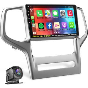 8 Core 4+64GB Car Radio for Jeep Grand Cherokee WK 2008-2013 with Carplay & Android Auto Head Unit, 9 inch IPS Touch Screen Car Stereo with GPS WiFi Bluetooth 5.2 Voice Control SWC Backup Camera EQ FM