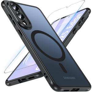 OWKEY for Samsung Galaxy S25 Edge Case 6.7'', Magnetic S25 Edge Case for Magsafe with Tempered Glass Screen, [Shockproof Military] Translucent Back Slim Bumper Cover Phone Case s25 Edge, Black