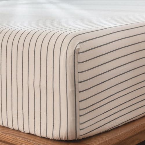 MooMee Fitted Bottom Sheet Only 100% Washed Cotton Linen Like Textured Breathable Durable Soft Comfy Deep Pocket Fits Mattress up to 17" (White Dark Grey Wide Stripes, Full)
