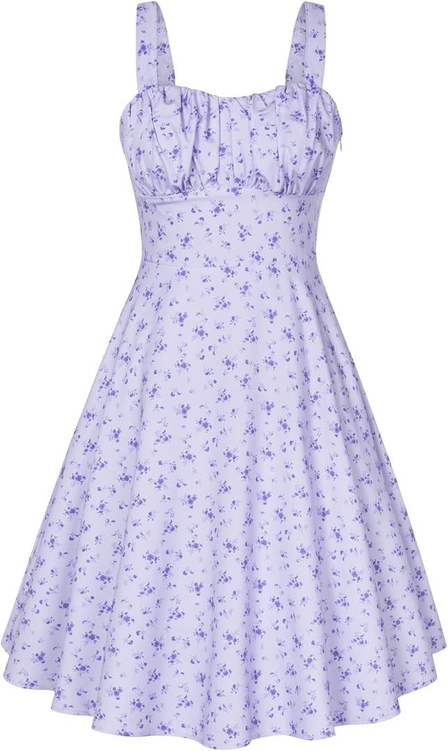 Belle Poque Vintage Floral Dress for Women 2026 Summer A-line Sleeveless Flowy Midi Elegant Wedding Guest Cocktail Dress (Purple, XL)