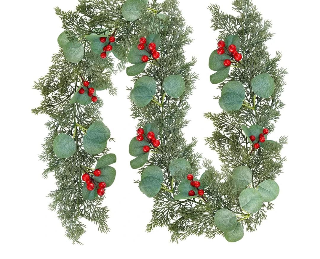 Winlyn Pine & Eucalyptus Greenery with Red Berries - 5.7 FT Hanging Garland for Holiday Home Decor