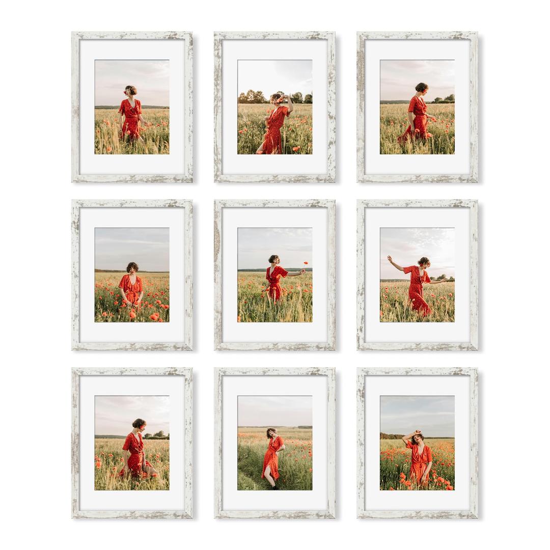 YESKAY 11x14 Picture Frame Set of 9, Photo Gallery Wall Frame Set Display Pictures 8x10 with Mat or 11 x 14 Without Mat, Multi Photo Frames for Wall Mounting or Table Top Display, Distressed White