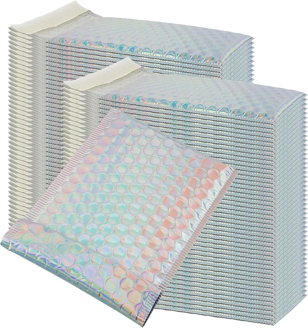 HOIGON 100 PCS 5 x 6 Inch Silver Metallic Bubble Mailers, Foil Glitter Poly Padded Mailing Cushion Envelopes, Holographic Self Seal Adhesive Shipping Bags for Mailing, Packing