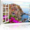 3D Window Effect Canvas Wall Art Italy Town Rio Maggiore Cinque Terre Painting Framed Canvas Paintings Ready to Hang for Bathroom Living Room Bedroom Home Decorations 36x244inch
