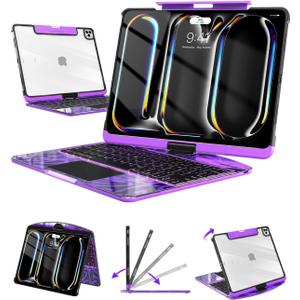 Wireless Keyboard Case for iPad Pro 13" (M5/M4, 2025/2024), Transparent Protective Cover with 7-Color Backlit Keyboard, 360 Rotating Stand, Multi-Touch Trackpad and Pencil Holder, Purple
