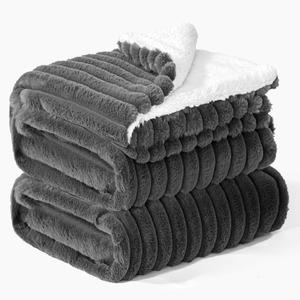 INFIIXSO Sherpa Fleece Queen Size Blanket - Super Soft & Warm Striped Fleece, Cozy Plush Fluffy Large Bed Blanket All Season Use (Grey, 90x90 Inches