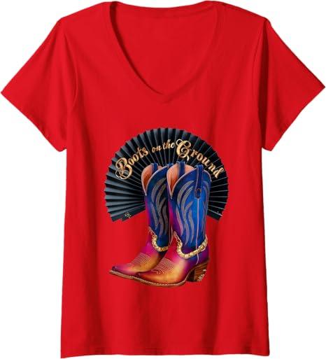 Womens Retro Western Cowgirl Cowboy Linedance Boots On the Ground V-Neck T-Shirt XL