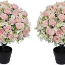24" Artificial Potted Flowers for Outdoors Set of 2 - UV Resistant Faux Pink Silk Peonies with Eucalyptus Plants in Cement Pots for Outside Front Porch Home Indoor Decor