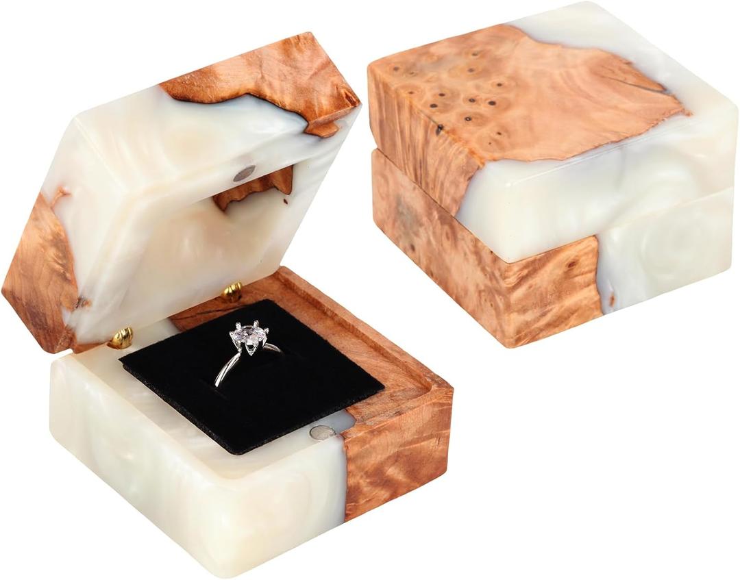 Wedding Ring Box, Handmade Wooden Ring Box, Elegant Vintage Ring Holder Box, Engagement Ring Box with Single Slot, Suitable for Proposal, Wedding, Jewelry Storage (White)