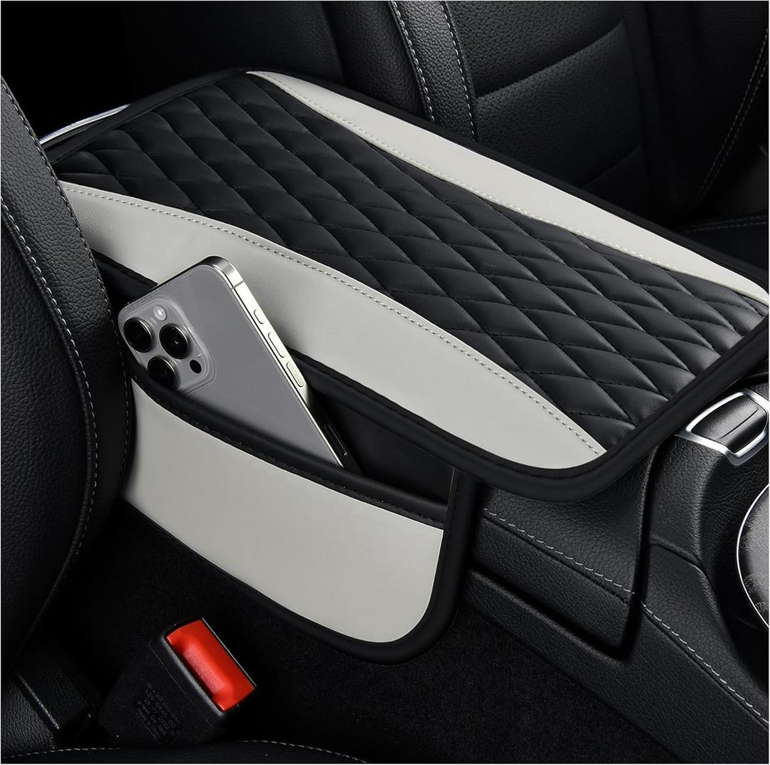 Patchwork Leather Center Console Covers for Cars,Upgraded Arm Rest Cover for Car with Side Storage Pocket for Car Seat Organizer,Middle Console Cover Stylish Car Decoration (Gray)