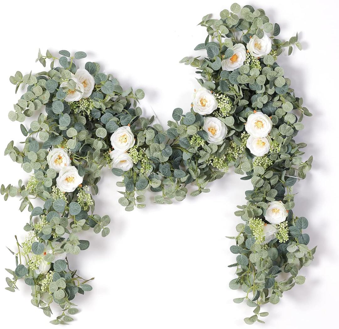 PARTY JOY 2pcs 6.56ft Eucalyptus Garland with Flowers-8 White Roses, Artificial Fake Flowers Greenery Garland Floral Vines for Decoration Party Wedding Table Indoor Outdoor Backdrop Wall Decor(White)