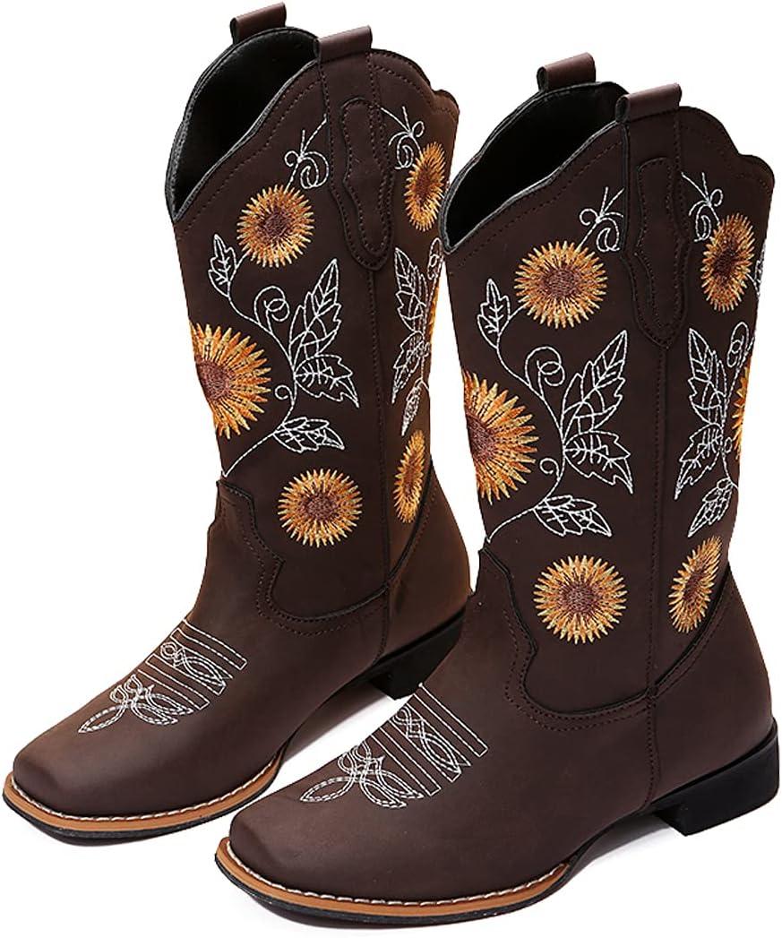 gloryinterest Cowboy Boots for Women Mid Calf Cowgirl Western Boots Sunflower Embroidery Stitched Square Toe Low Heel Black Brown Yellow, Size: 9