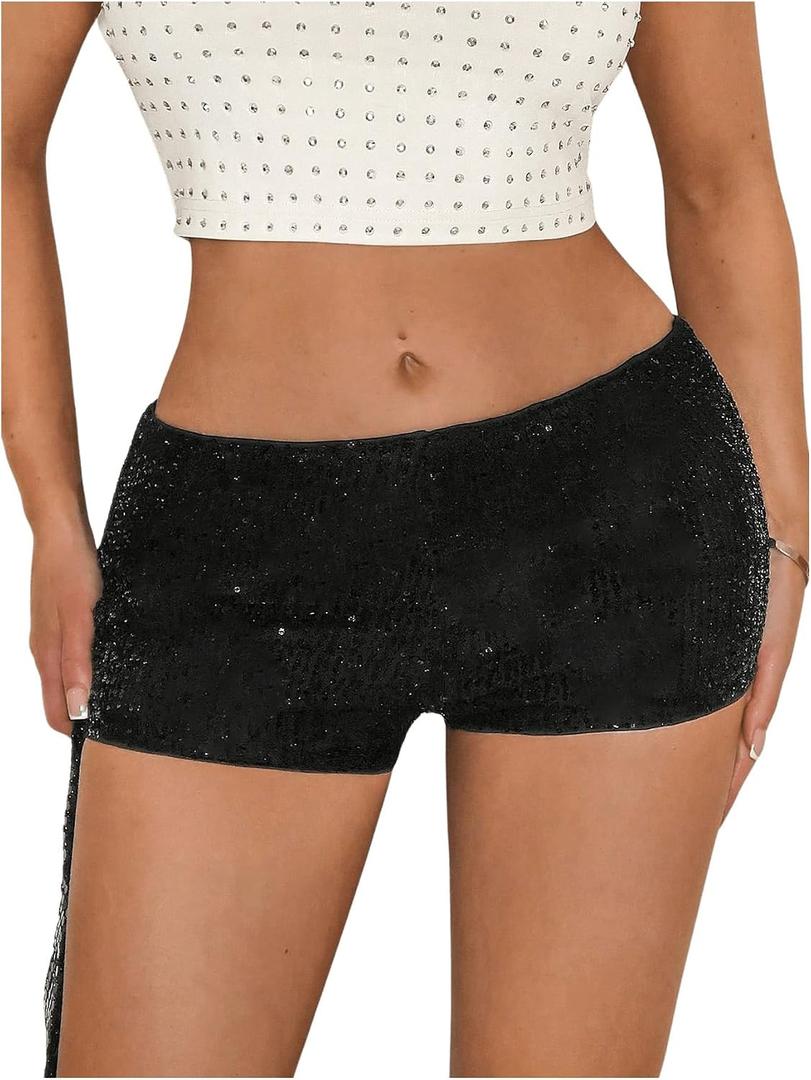SHENHE Women's Sequin Micro Shorts Sparkly Low Rise Y2k Sexy Rave Mini Micro Shorts, XS
