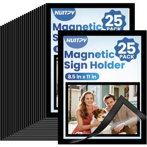 NUITPY 25 Pack Magnetic Sign Holder, 8.5in x 11in Self Adhesive Wall Mount Magnetic Document Holder, Magnetism Border Sign Holder with Transparent PVC Front Cover