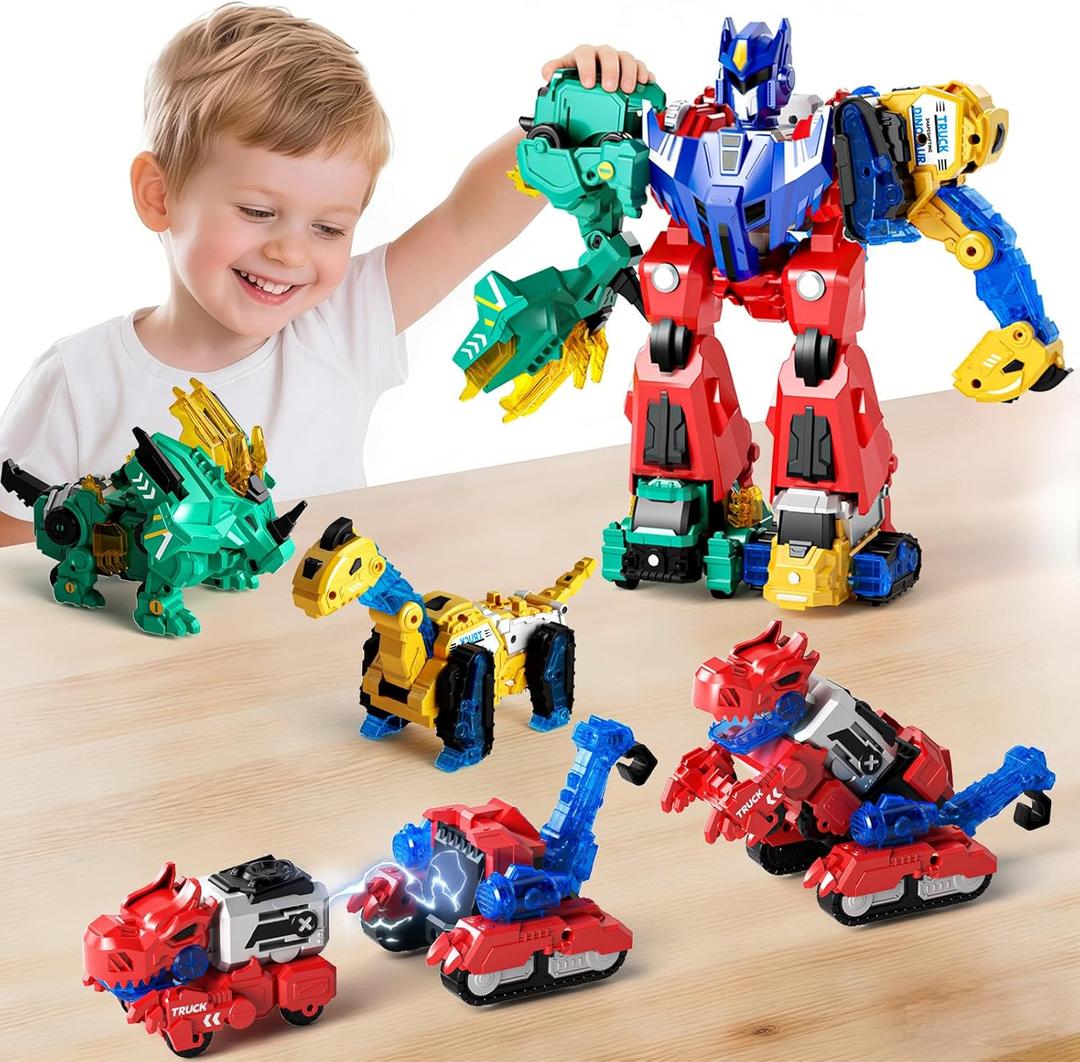 Magnetic Dinosaur Transforming Robot Toys, 6-in-1 Dino Construction Trucks for Kids, Magnetic Car Toys for Boys Girls Age 3 4 5 6 7 8, STEM Educational Christmas Building Gift