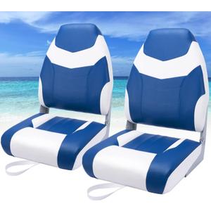 Dreizack Boat Seats 2 Packs, Folding High Back Fishing Waterproof Universal Pontoon Boat Seat Bass Tracker Boat Chairs with Stainless Steel Screws, Aluminum Hinges and Thickened Cushion (Blue&white01)
