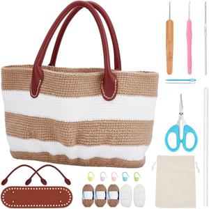 ORIGACH DIY Crochet Handbag Kit for Beginners, Khaki Striped Crochet Bag with PU Leather Band and Base, Complete Crochet Set to Make a Bag, Include Yarn, Crochet Hooks, Markers and Instruction